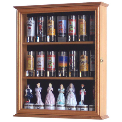 Tall Shot Glass, Shooter Display Case Cabinet UV Protection Oak Wood