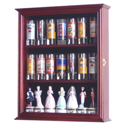 Tall Shot Glass, Shooter Display Case Cabinet UV Protection Cherry Wood