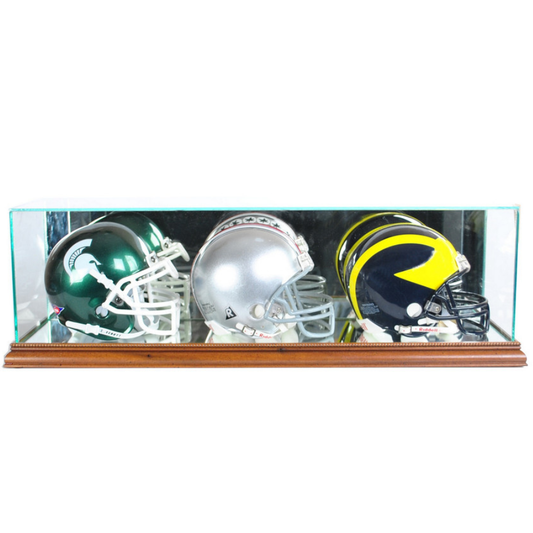 Triple Mini Riddell Football Helmet Display Case UV Protection Walnut Wood