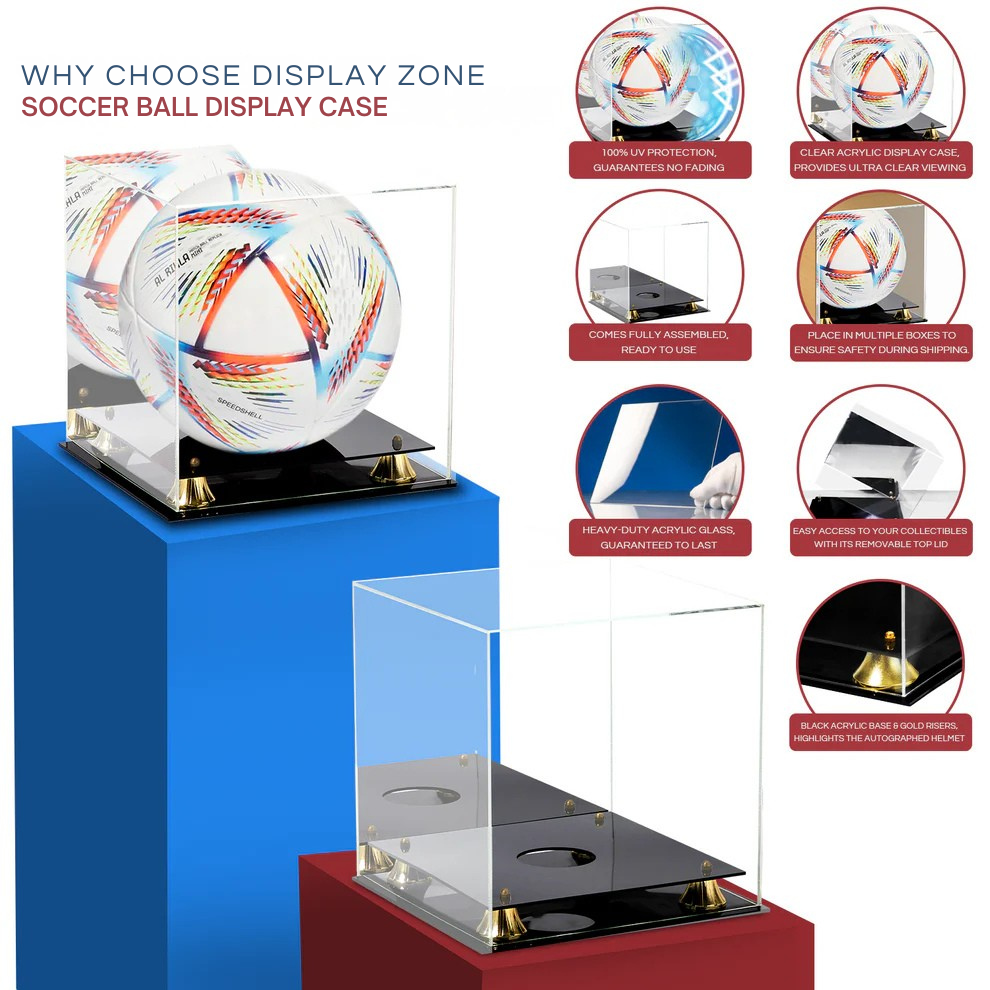 Acrylic Soccer Display Case With Black Base Gold Riser UV Protection Acrylic