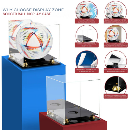 Acrylic Soccer Display Case With Black Base Gold Riser UV Protection Acrylic