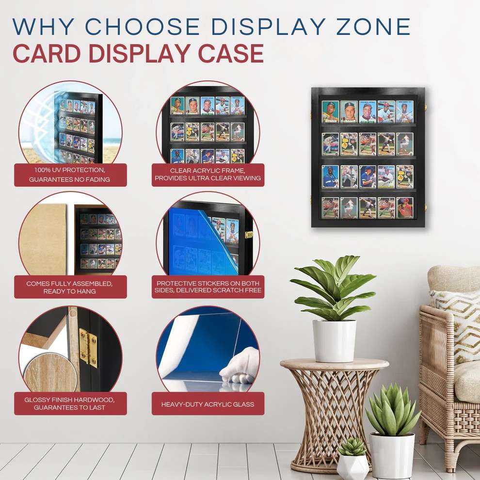Display Zone card display case with features highlighted on a white wall background.