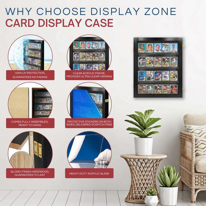 Display Zone card display case with features highlighted on a white wall background.