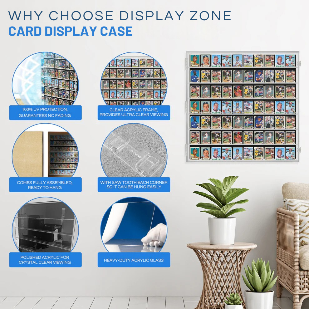 70 Ungraded - Acrylic Sports Baseball Trading Card Display Case Cabinet UV Protection