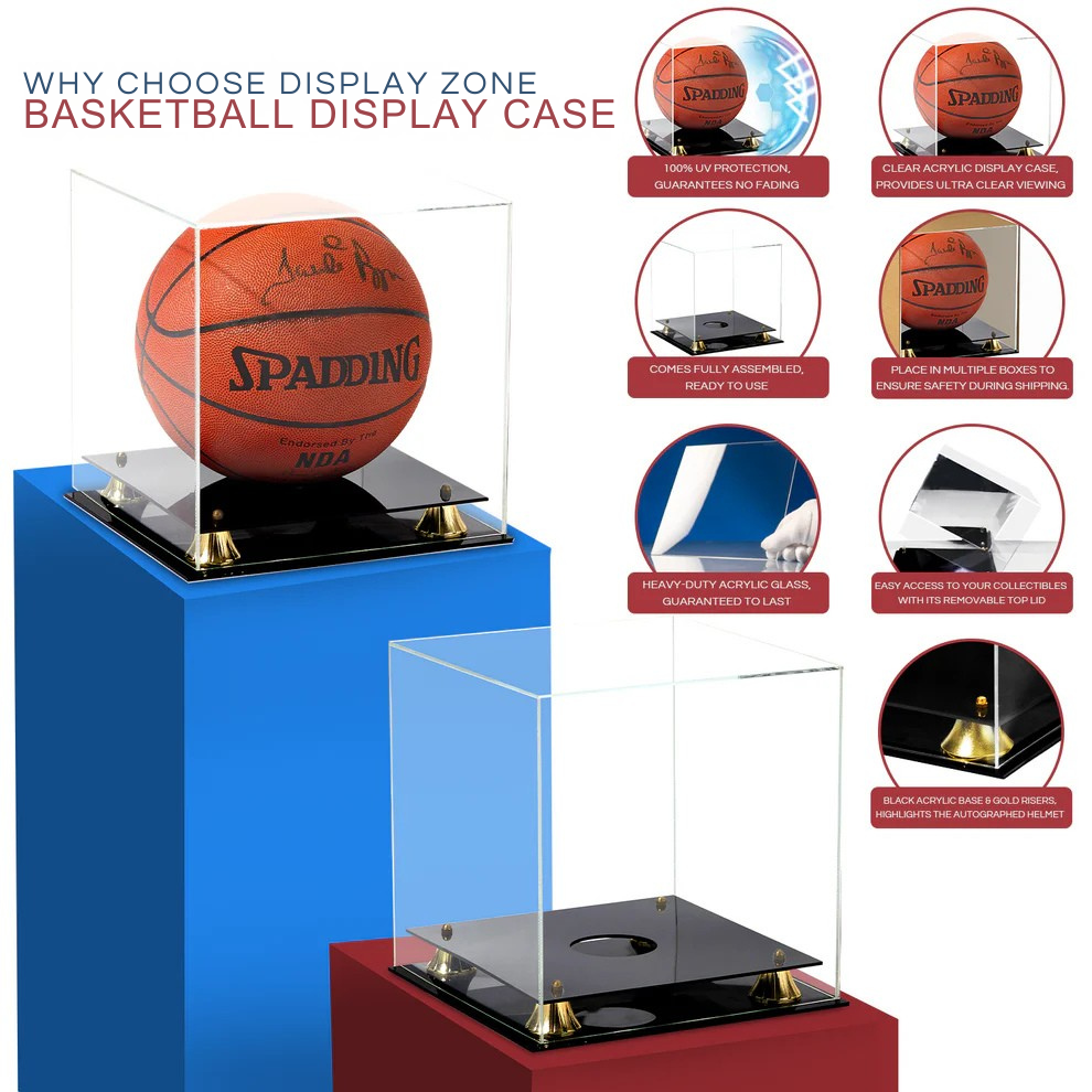 Clear Acrylic Basketball Case Display Gold Risers UV Protection NBA NCAA 
