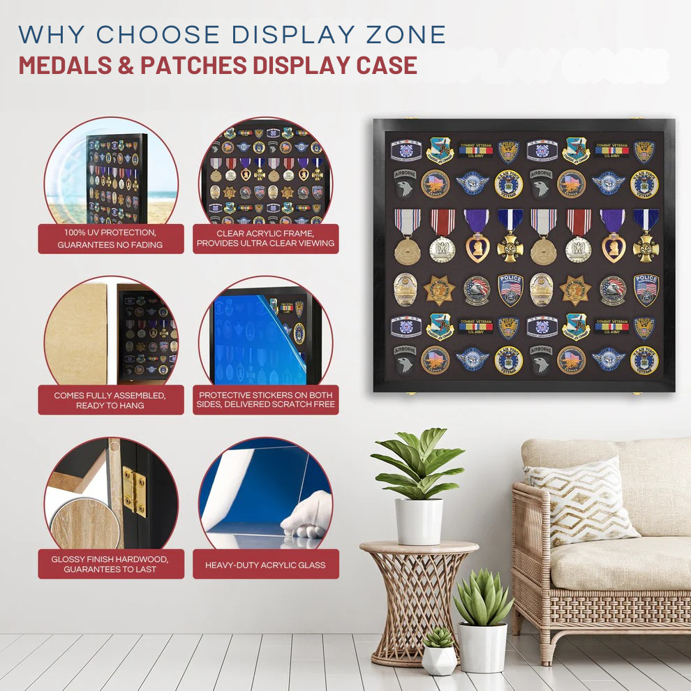 Medals, Pins, Awards, Ribbons, Insignia, & Patches Display Case - Large UV Protection Black Wood