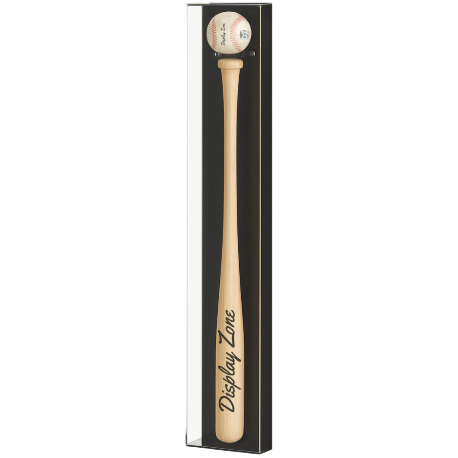 Vertical wall-mounted display case designed to hold a baseball above a full-size bat
