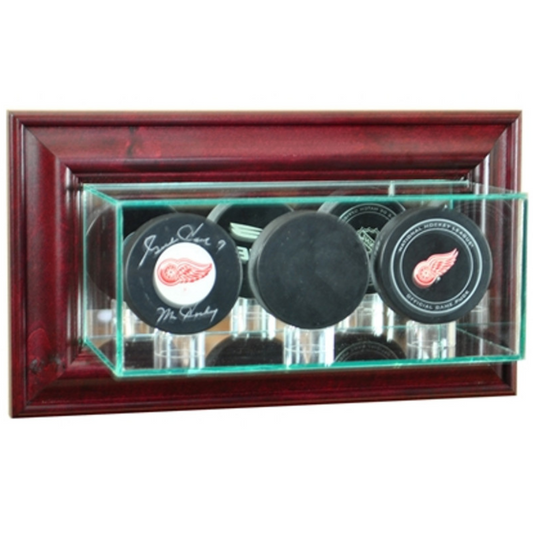 Real Glass Wall Mounted Triple Puck Display Case Holder UV Protection NHL Cherry Wood