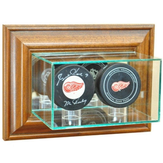 Real Glass Wall Mounted Double Puck Display Case UV Protection NHL Walnut Wood