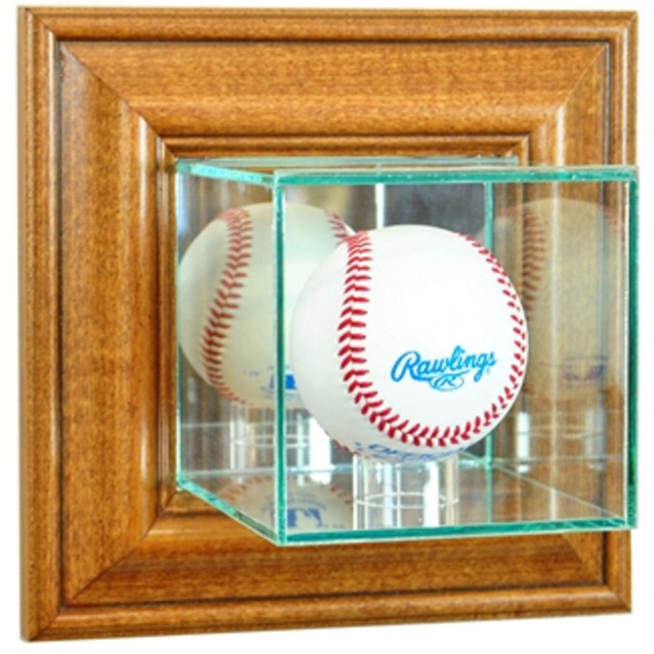 Real Glass Wall Mounted Baseball Display Case UV Protection MLB Walnut Wood
