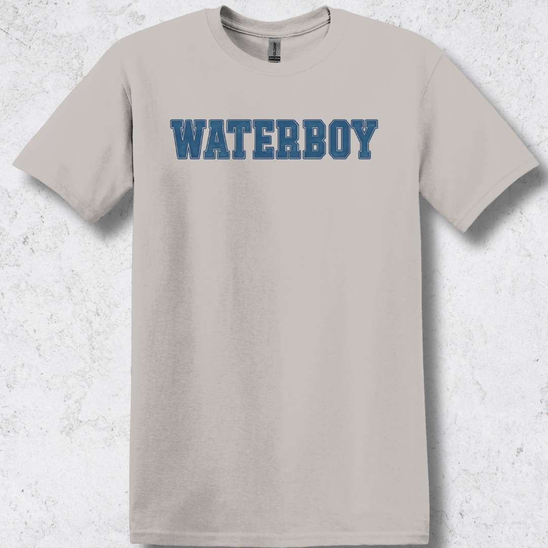 Beige t-shirt with 'WATERBOY' printed in blue on a textured white background