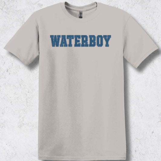 Beige t-shirt with 'WATERBOY' printed in blue on a textured white background