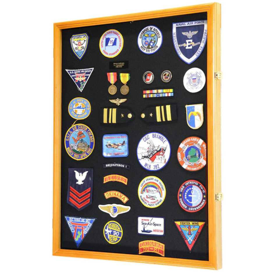 XL Military Medals, Pin, Patches, Badges, Ribbon, Insignia, Buttons, Flag Display Case Cabinet UV Protection Oak Wood