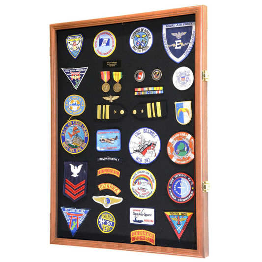 XL Military Medals, Pin, Patches, Badges, Ribbon, Insignia, Buttons, Flag Display Case Cabinet UV Protection Walnut Wood