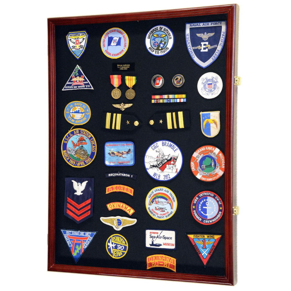 XL Military Medals, Pin, Patches, Badges, Ribbon, Insignia, Buttons, Flag Display Case Cabinet UV Protection Cherry Wood