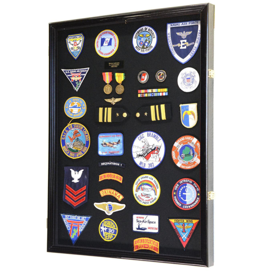 XL Military Medals, Pin, Patches, Badges, Ribbon, Insignia, Buttons, Flag Display Case Cabinet UV Protection Black Wood