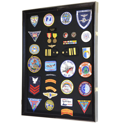 XL Military Medals, Pin, Patches, Badges, Ribbon, Insignia, Buttons, Flag Display Case Cabinet UV Protection Black Wood