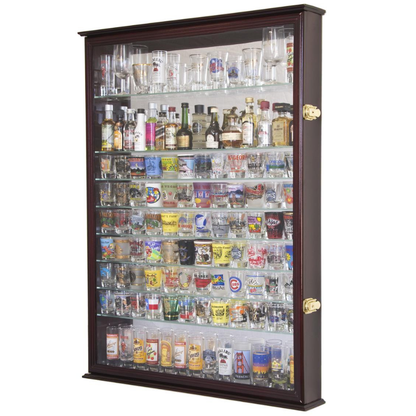 XL Mirror Backed and 11 Glass Shelves Shot Glasses Display Case Cabinet UV Protection Cherry Wood