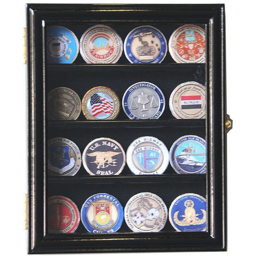 16 Military Challenge Coin Display Case Cabinet Oak UV Protection Black Wood