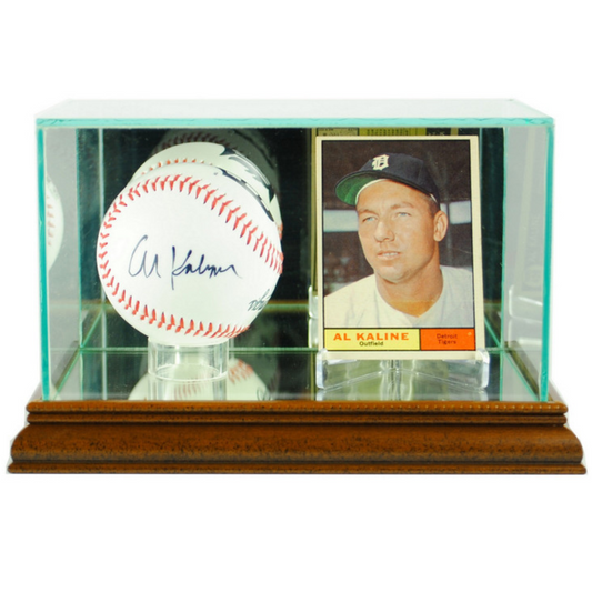 Real Glass Baseball and Card Display Case UV Protection MLB Walnut Wood