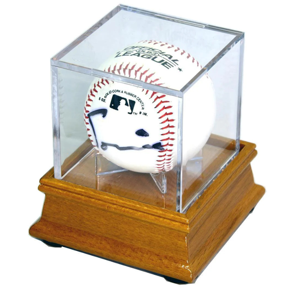 Single Baseball Cube Display Stand UV Protection MLB Oak Wood