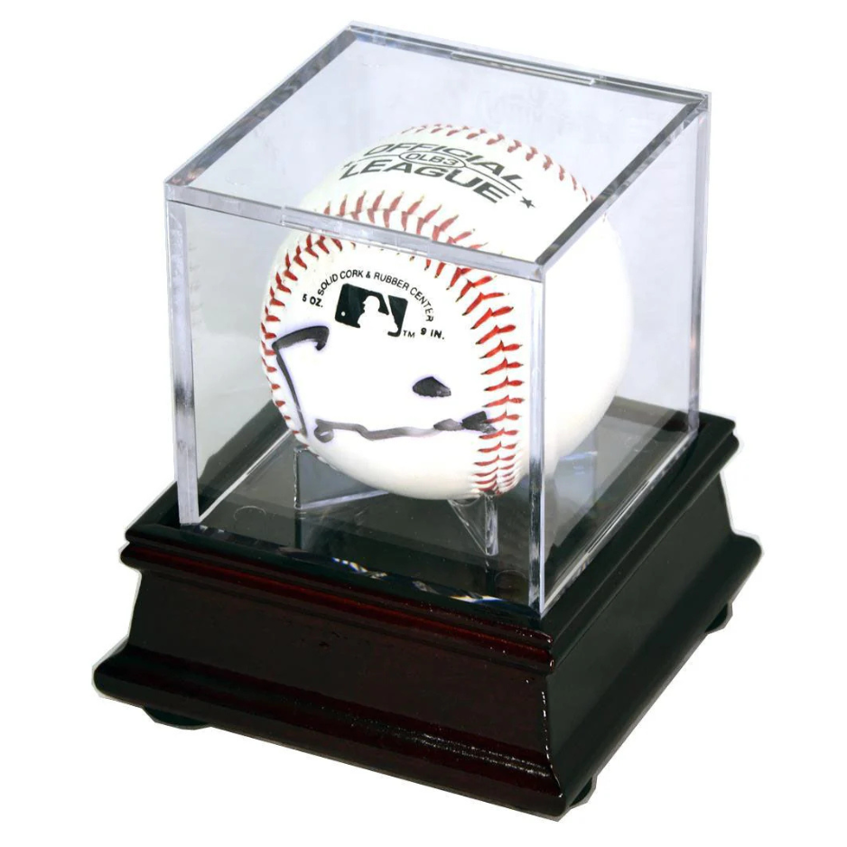 Single Baseball Cube Display Stand UV Protection MLB Cherry Wood