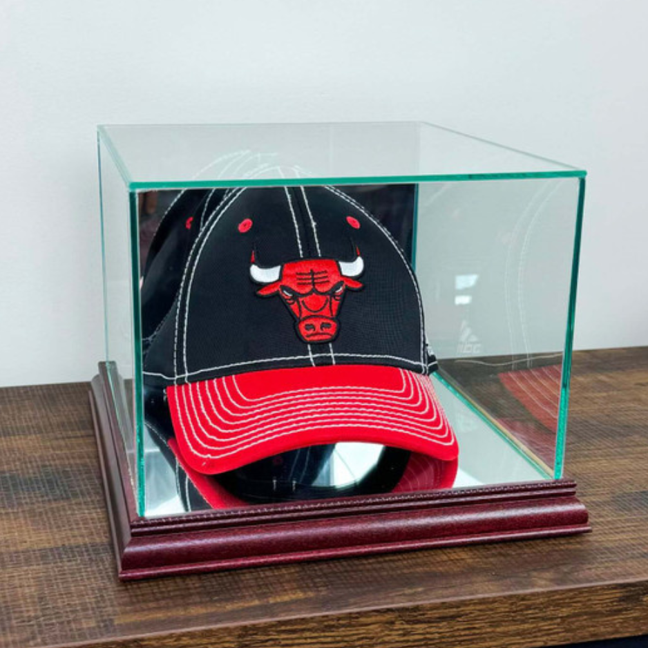 Real Glass Baseball Hat Display Case UV Protection MLB Cherry Wood