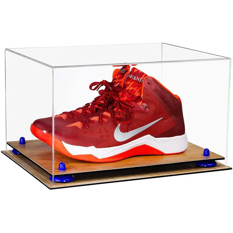 Red and white sneaker in a clear display case on a white background