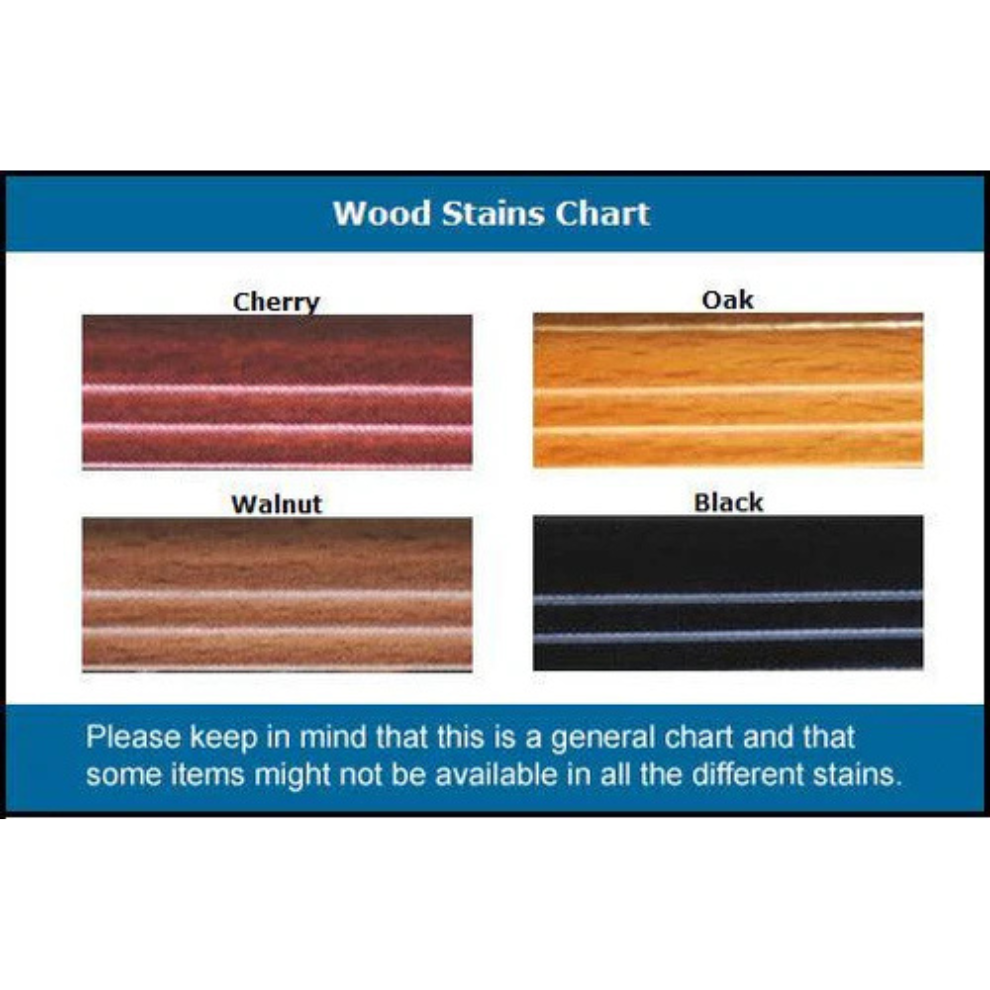 Wood stains chart with cherry, oak, walnut, and black color swatches.