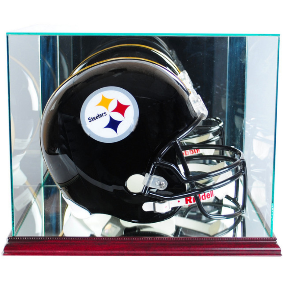 Full-size football helmet displayed in a real glass case with a hardwood base and mirrored panels