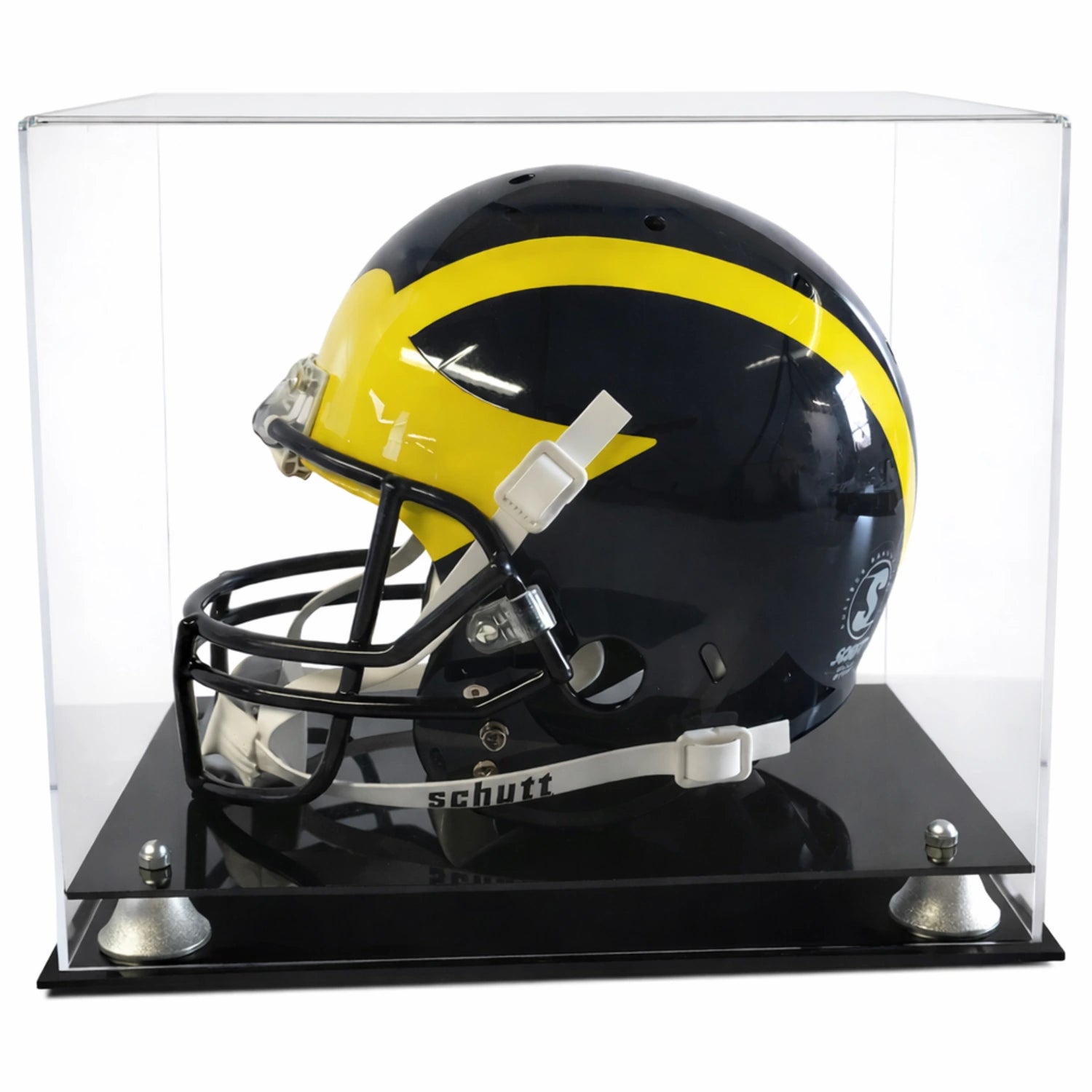 Football helmet display case with two tier silver risers NCAA NFL UV protection