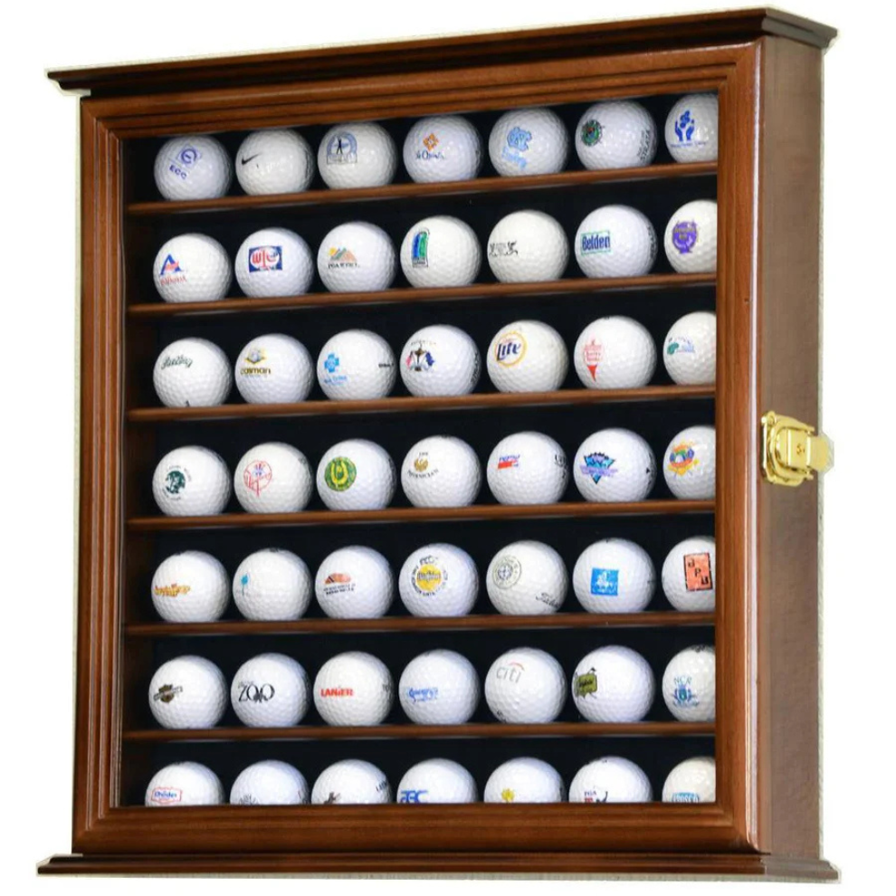Wooden golf ball display case with multiple golf balls inside. Golf ball display case cabinet holder