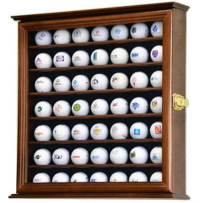 Wooden golf ball display case with multiple golf balls inside. Golf ball display case cabinet holder