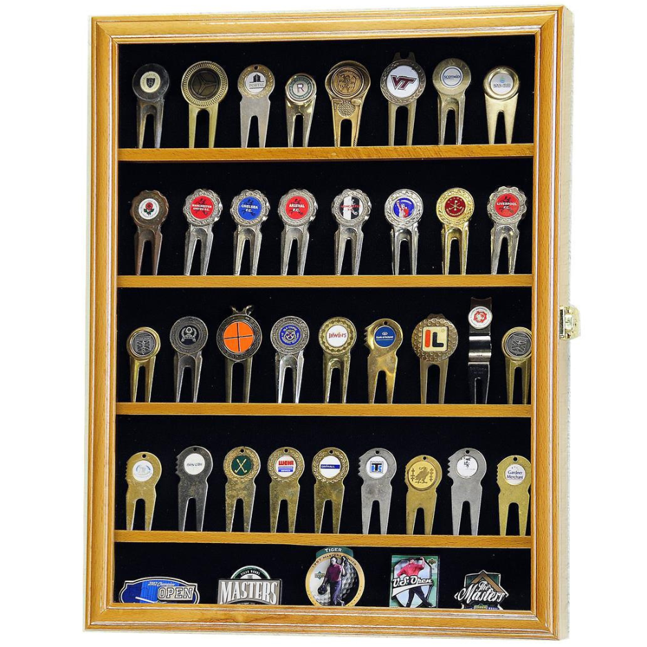 Golf Divot Tool Markers Display Case Cabinet UV Protection Oak Wood