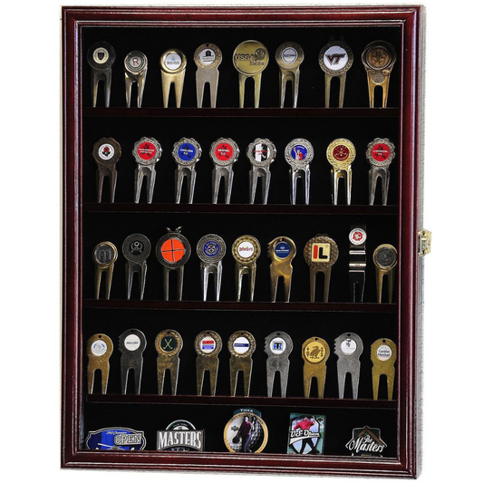 Golf Divot Tool Markers Display Case Cabinet UV Protection Cherry Wood