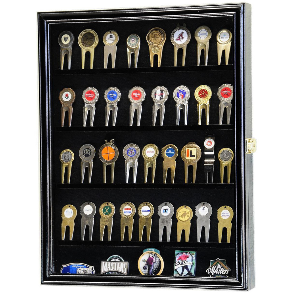 Golf Divot Tool Markers Display Case Cabinet UV Protection Black Wood