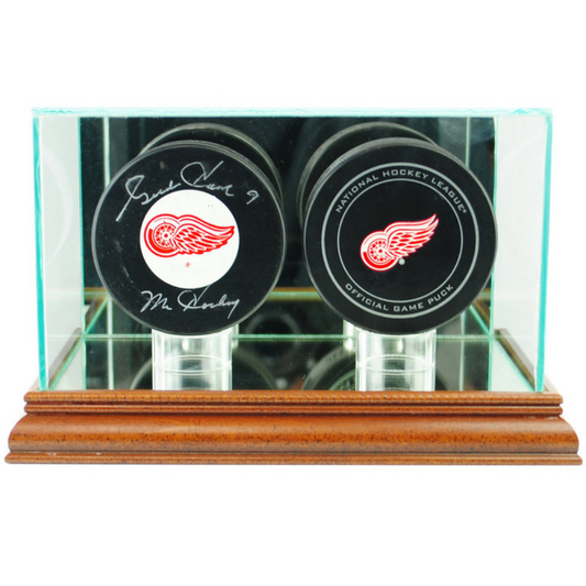 Real Glass Double Puck Display Case Holder UV Protection NHL Walnut Wood