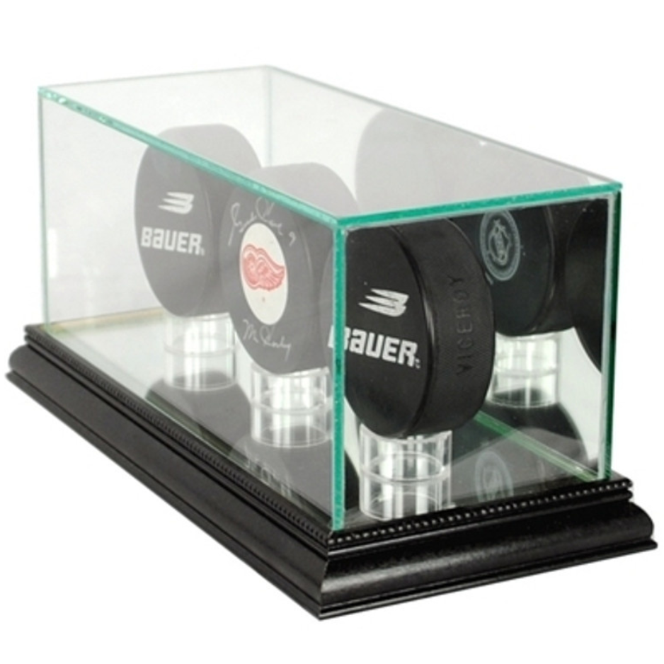 Real Glass Triple Puck Display Case UV Protection NHL Black Wood