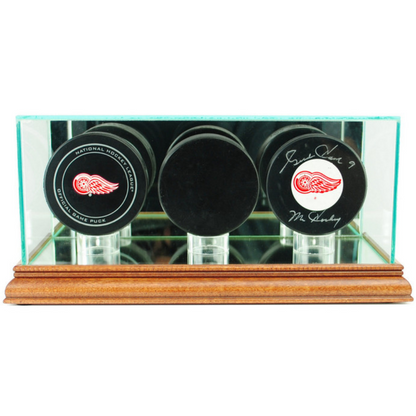Real Glass Triple Puck Display Case UV Protection NHL Walnut Wood