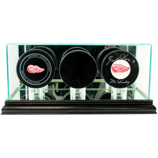 Real Glass Triple Puck Display Case UV Protection NHL Black Wood