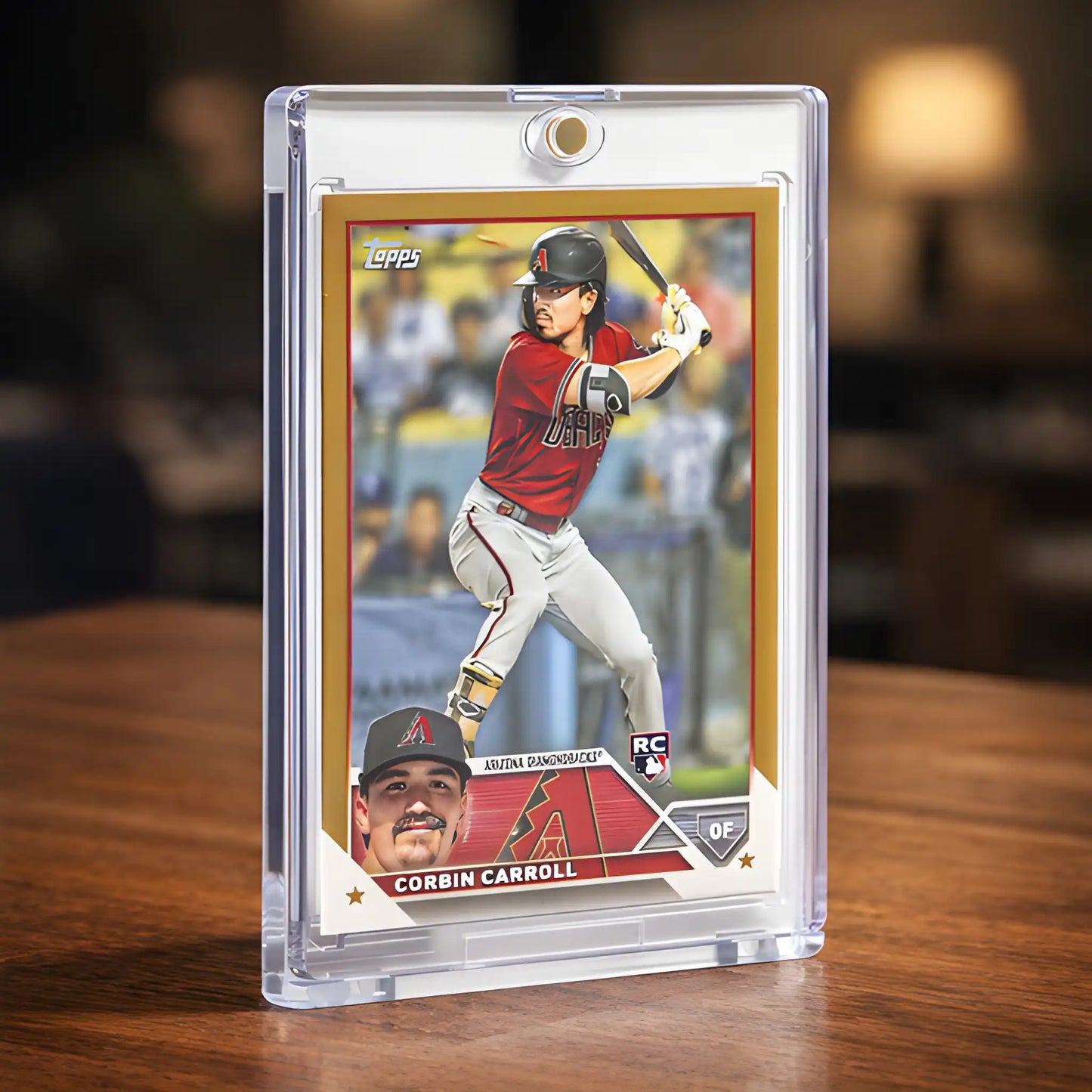 Baseball trading card of a player in a red and white uniform placed in a 35pt magnetic card holder
