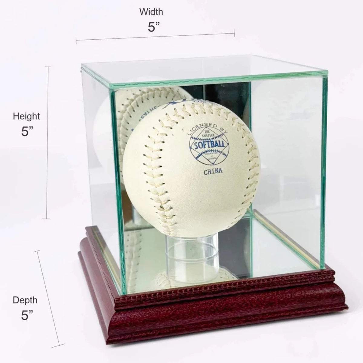Real Glass Softball Display Case Holder Cherry Wood Base