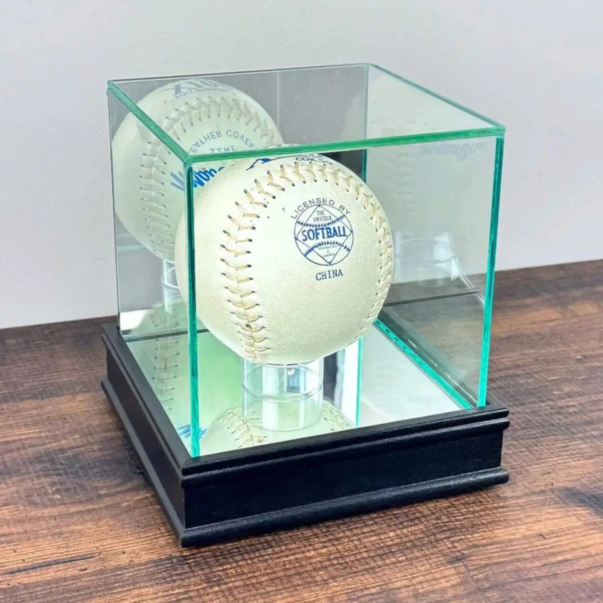 Real Glass Softball Display Case Holder Black Wood Base