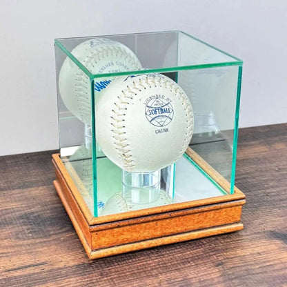 Real Glass Softball Display Case Holder Walnut Wood Base