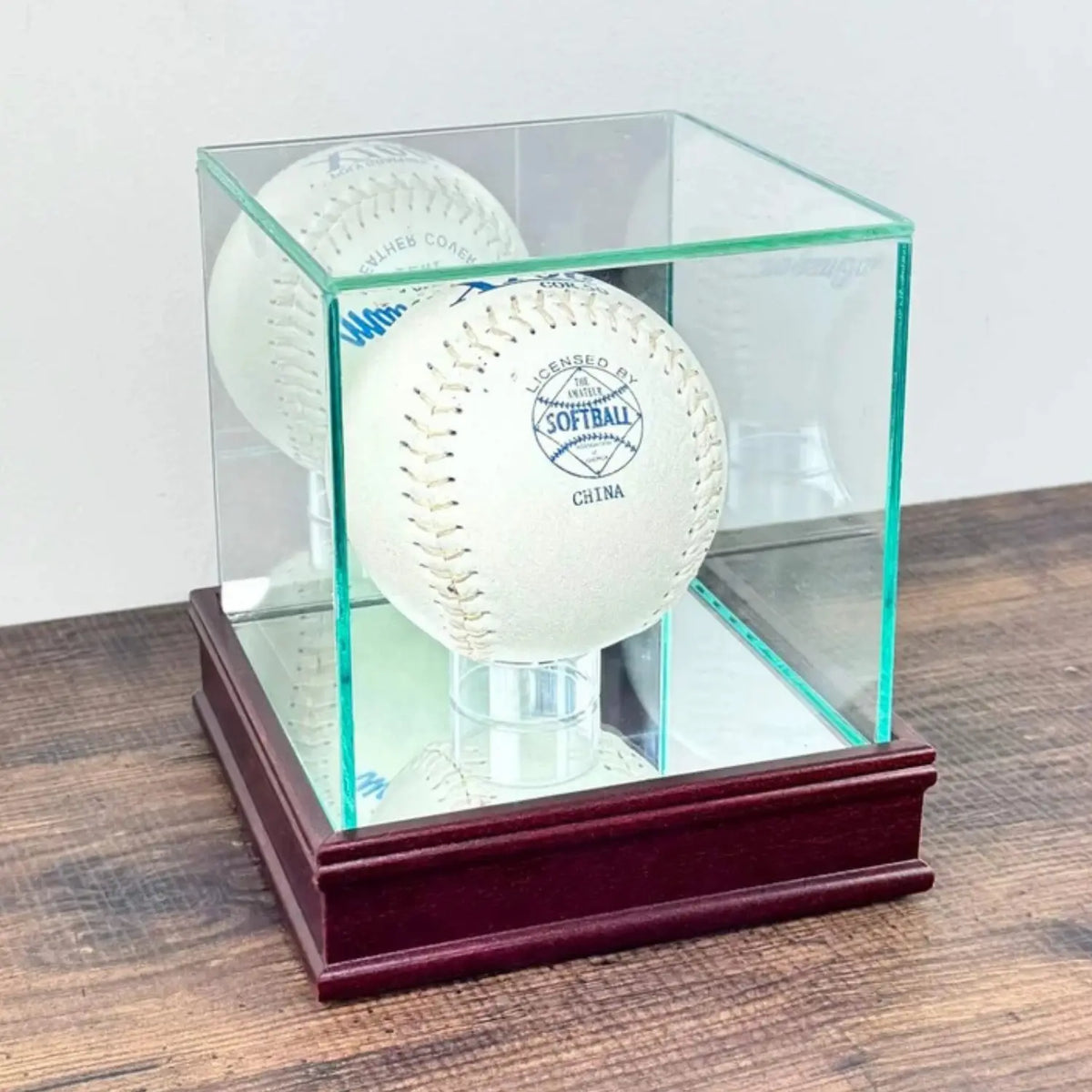 Real Glass Softball Display Case Holder Cherry Wood Base