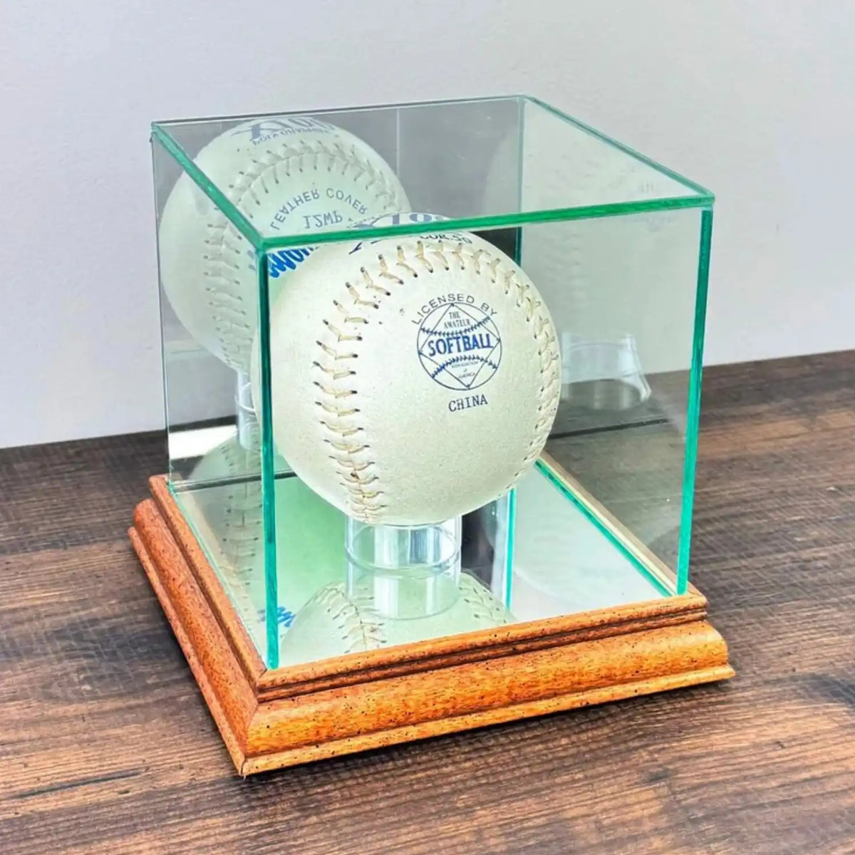 Real Glass Softball Display Case Holder Walnut Wood Base