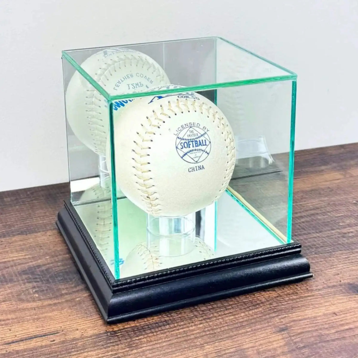 Real Glass Softball Display Case Holder Black Wood Base