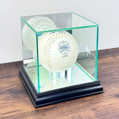 Real Glass Softball Display Case Holder Black Wood Base