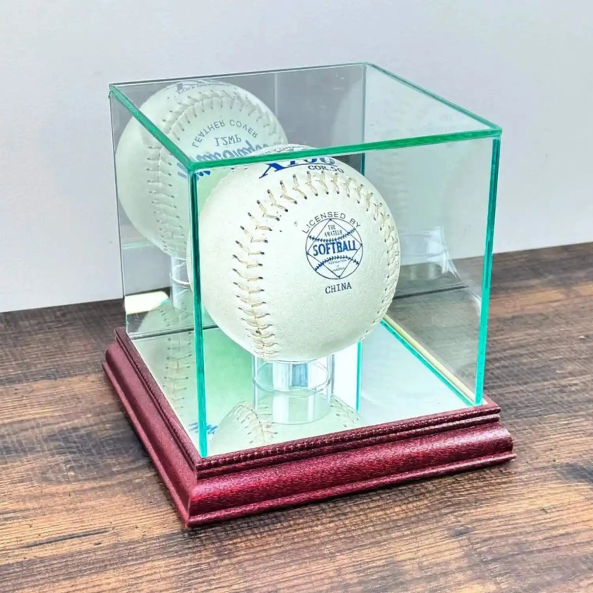 Real Glass Softball Display Case Holder Cherry Wood Base