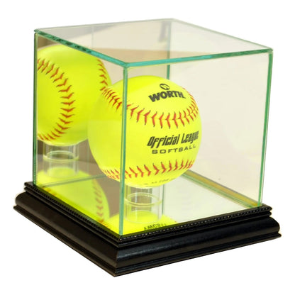 Real Glass Softball Display Case Holder Black Wood Base